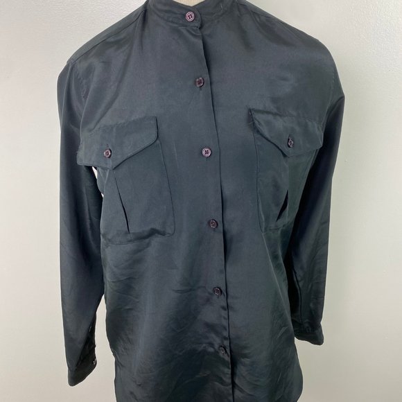 Vintage 80s Kenar Medium Black Button Down Blouse 100% Polyester - Picture 5 of 5